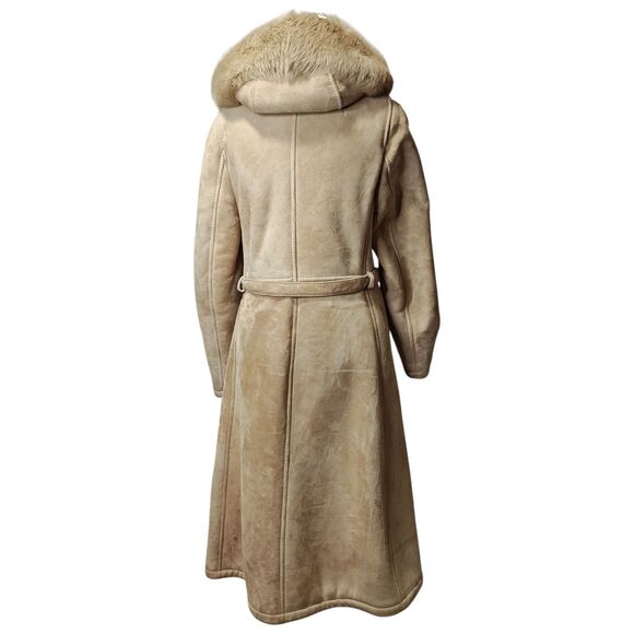 Leder Fischer Shearling Coat Womens Small Tan Suede Hooded Fur Trim Belted Long - Picture 4 of 16